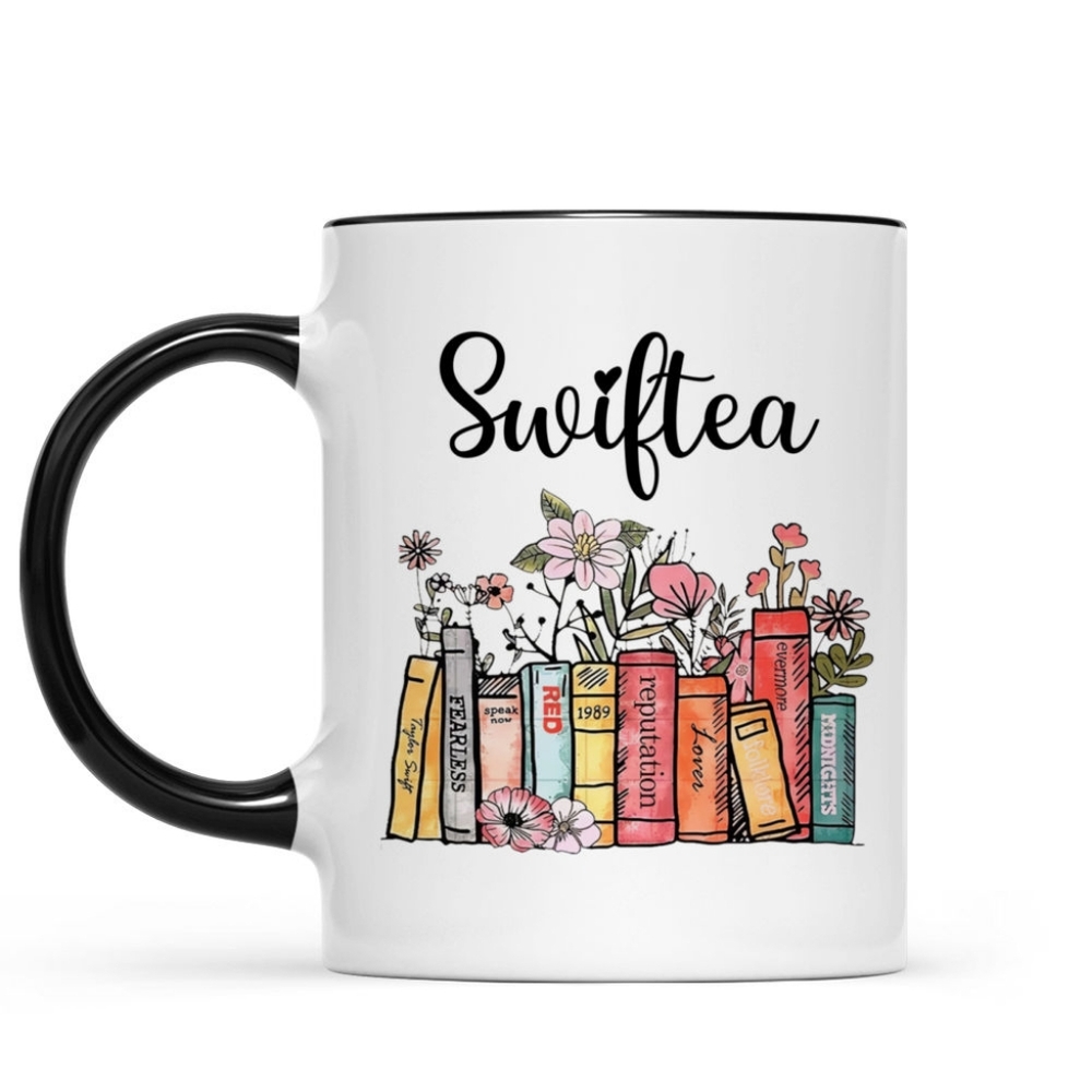 Taylor Swift's Swiftea Mug Cup Flowers growing from books with names of tours